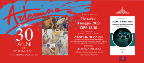 biglietto d'invito alla presentazione del libro di Cristina Muccioli "l'estetica del vero" nello studio Artemisia5 pittrci